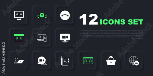 Set Freelancer, Video chat conference, Movie, film, media projector and Phone book icon. Vector