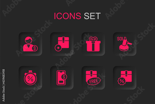 Set Mobile with dollar, Carton cardboard box, Buyer, Cardboard free symbol, Auction hammer, discount, Gift and Stopwatch percent icon. Vector