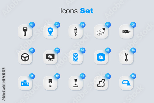 Set Racing track, helmet, Award over sports winner podium, Car mirror, Wrench spanner, key with remote and tire wheel icon. Vector