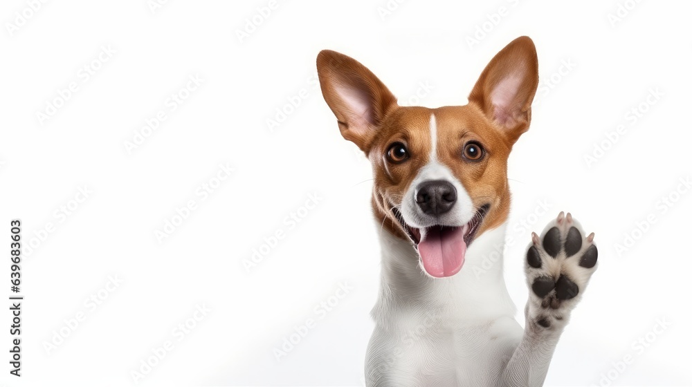 Adorable brown and white basenji dog smiling and giving a high five isolated on white - obrazy, fototapety, plakaty 