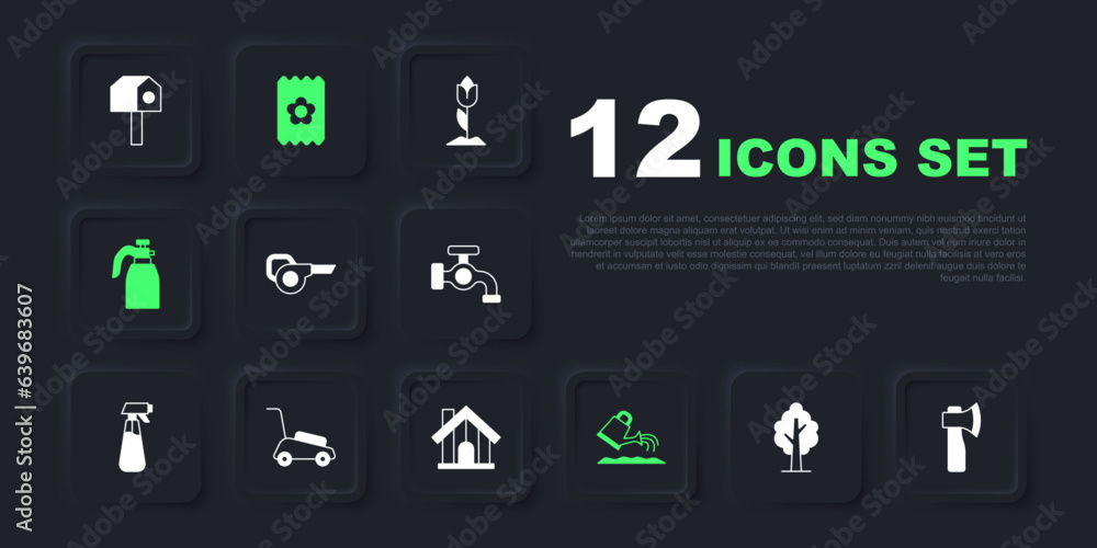 Set Tree, Wooden axe, Leaf garden blower, Watering can, Garden sprayer for water, Lawn mower, Pack full of seeds and Farm house icon. Vector Set Tree, Wooden axe, Leaf garden blower, Watering can, Garden sprayer for water, Lawn mower, Pack full of seeds and Farm house icon. Vector