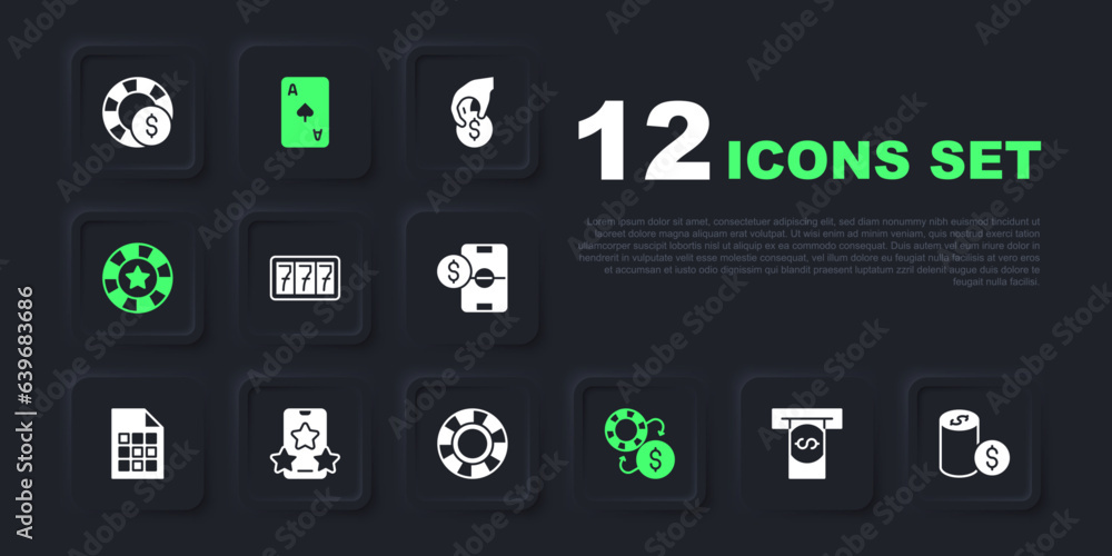 Set Automated teller machine and money, Casino chip with dollar, Slot jackpot, chips exchange, Online sports betting, Playing card spades symbol and icon. Vector Set Automated teller machine and money, Casino chip with dollar, Slot jackpot, chips exchange, Online sports betting, Playing card spades symbol and icon. Vector