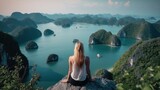 A young traveler girl sit on the top of mountain in Halong bay and enjoy the beauty of seascape. Young girl love wild life, travel, freedom