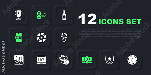 Set Horseshoe, Casino chip with dollar, chips, Stacks paper money cash, Online sports betting, poker table game, and exchange icon. Vector
