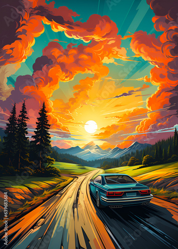 Travel poster - Vintage car on the road