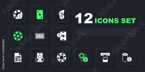 Set Automated teller machine and money, Casino chip with dollar, Slot jackpot, chips exchange, Online sports betting, Playing card spades symbol and icon. Vector