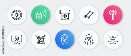 Set line Medieval helmet, poleaxe, arrows, Crusade, King crown and Shield with swords icon. Vector