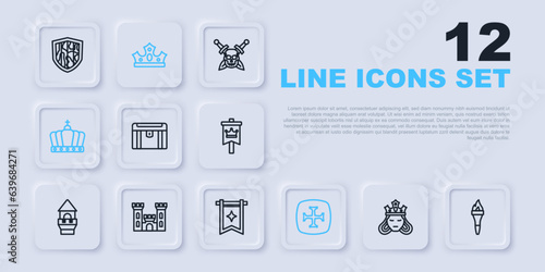 Set line Princess or queen, Torch flame, Antique treasure chest, Crusade, King crown, Castle, and Medieval flag icon. Vector