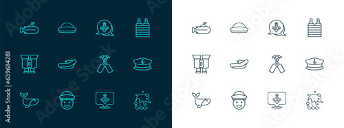 Set line Striped sailor t-shirt, Sailor, Crossed oars paddles boat, Anchor, Inflatable with motor, Submarine and hat icon. Vector