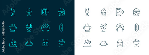 Set line Popcorn in cardboard box, Taco with tortilla, Fish steak, Jam jar, Chicken leg, Food ordering on mobile, Wine glass and Muffin icon. Vector