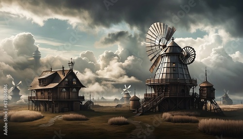 steampunk windmill in the evening solar and wind powered farm photo