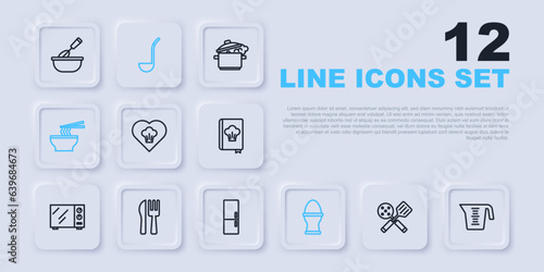 Set line Spatula, Measuring cup, Chef hat, Chicken egg on stand, Asian noodles bowl, Crossed knife fork, Kitchen ladle and Refrigerator icon. Vector