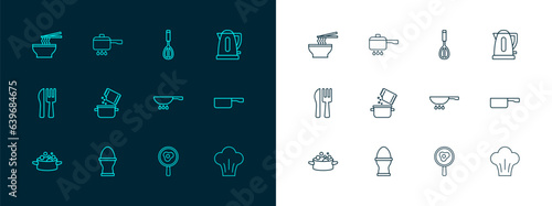 Set line Electric kettle, Chicken egg on a stand, Frying pan fire, Fried eggs frying, Cooking pot spice, Kitchen whisk, Asian noodles bowl and icon. Vector