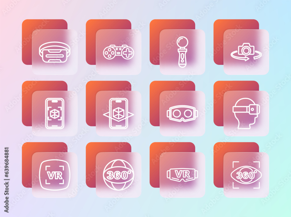 Set line 360 degree view, Virtual reality glasses, 3d modeling, VR controller game, and Gamepad icon. Vector Set line 360 degree view, Virtual reality glasses, 3d modeling, VR controller game, and Gamepad icon. Vector