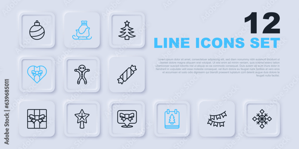 Set line Carnival garland with flags, Snowflake, Holiday gingerbread man cookie, Christmas calendar, Gift box, star, santa claus sleigh and bow icon. Vector