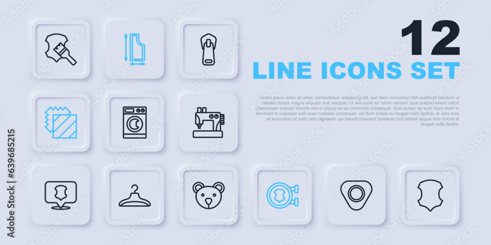 Set line Sewing chalk, Leather, Washer, Layers clothing textile, Hanger wardrobe, pattern and Teddy bear plush toy icon. Vector Set line Sewing chalk, Leather, Washer, Layers clothing textile, Hanger wardrobe, pattern and Teddy bear plush toy icon. Vector