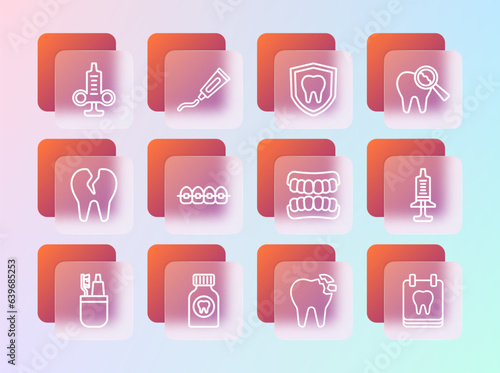 Set line Broken tooth, Toothache painkiller tablet, Dentures model, Teeth with braces, Dental protection, Syringe and Tube of toothpaste icon. Vector