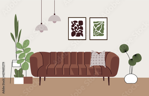 Modern living room with furniture and decor. Cozy apartment furnished with sofa and shelves. Trendy contemporary home interior design with house plants, pictures and window. Flat vector illustration