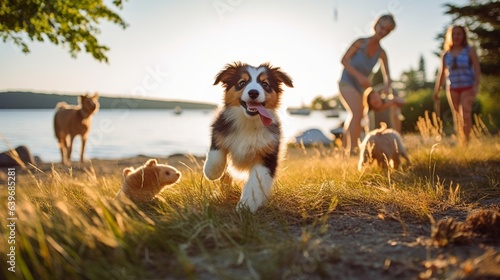 Australian shepherd puppy playing with owner and other dogs on the beach and in the grass