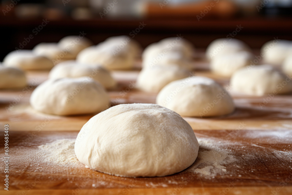 Raw dough balls and flour on wooden kitchen table Raw dough balls and flour on wooden kitchen table