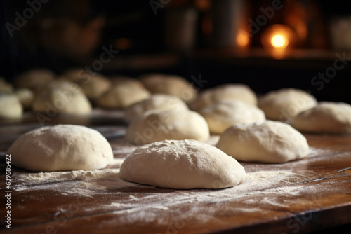 Raw dough balls and flour on wooden kitchen table