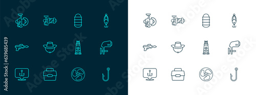 Set line Fishing lure, Case or box for fishing, Fisherman pants, Outboard boat motor, hat, net, Spinning reel and icon. Vector