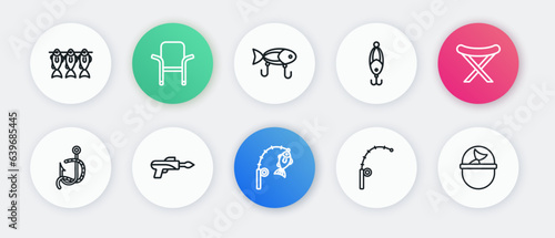 Set line Fishing rod and fish, Camping folding chair, hook worm, lure, bucket with and harpoon icon. Vector