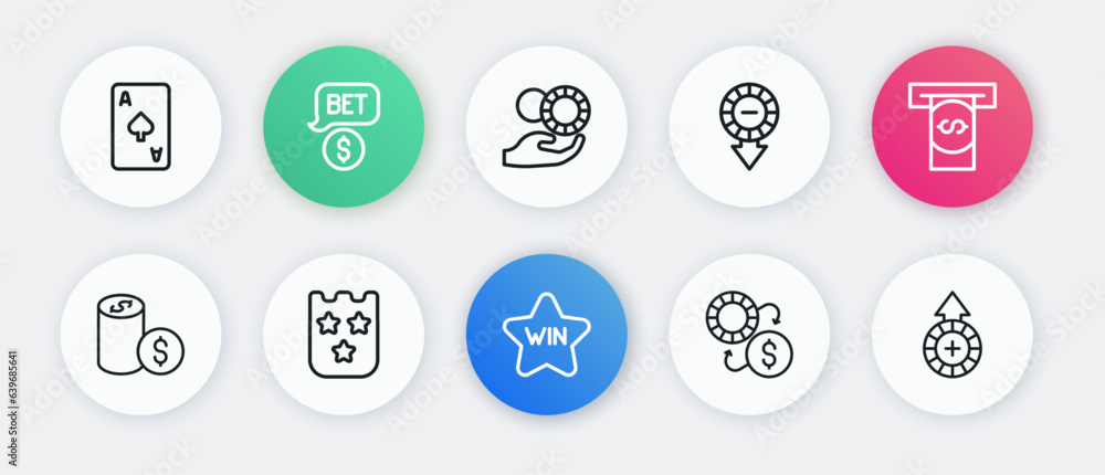 Set line Casino win, Automated teller machine and money, chip with dollar, chips exchange, Hand holding casino, and Lottery ticket icon. Vector Set line Casino win, Automated teller machine and money, chip with dollar, chips exchange, Hand holding casino, and Lottery ticket icon. Vector