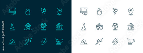 Set line Circus tent, Magic wand, Ferris wheel, Firework rocket, Balloons with ribbon, Fast street food cart and fire hoop icon. Vector
