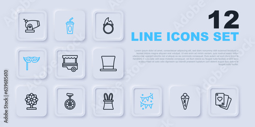 Set line Ice cream in waffle, Playing cards, Fast street food cart, Carnival garland with flags, Festive mask, Unicycle, Paper glass water and Magician hat rabbit ears icon. Vector