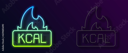 Glowing neon line Kcal icon isolated on isolated on black background. Health food. Vector
