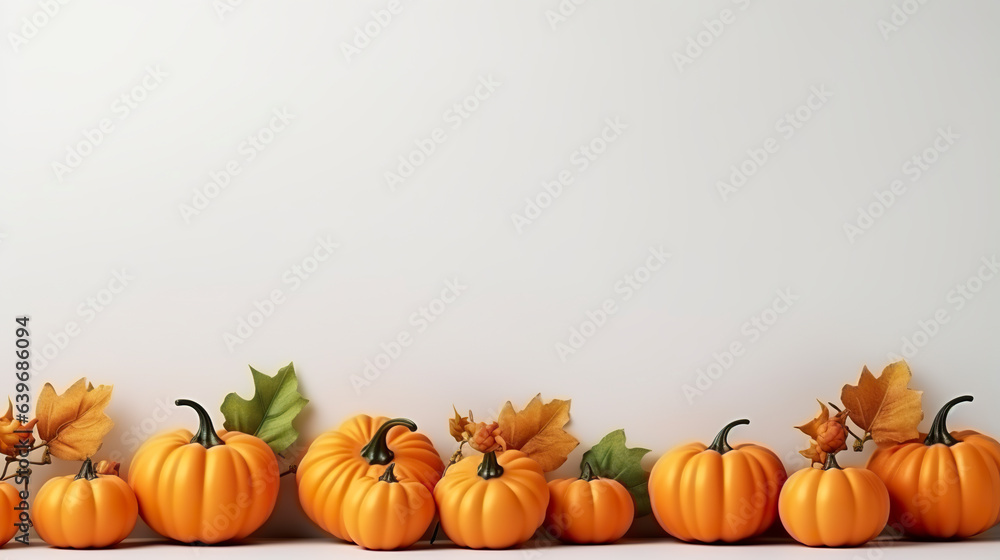 Autumn and Thanksgiving banner on white background. Autumn foliage background with pumpkins with copy space. Theme for Thanksgiving or Halloween. Autumn and Thanksgiving banner on white background. Autumn foliage background with pumpkins with copy space. Theme for Thanksgiving or Halloween.