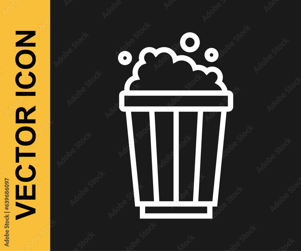 White line Popcorn in cardboard box icon isolated on black background. Popcorn bucket box. Vector White line Popcorn in cardboard box icon isolated on black background. Popcorn bucket box. Vector