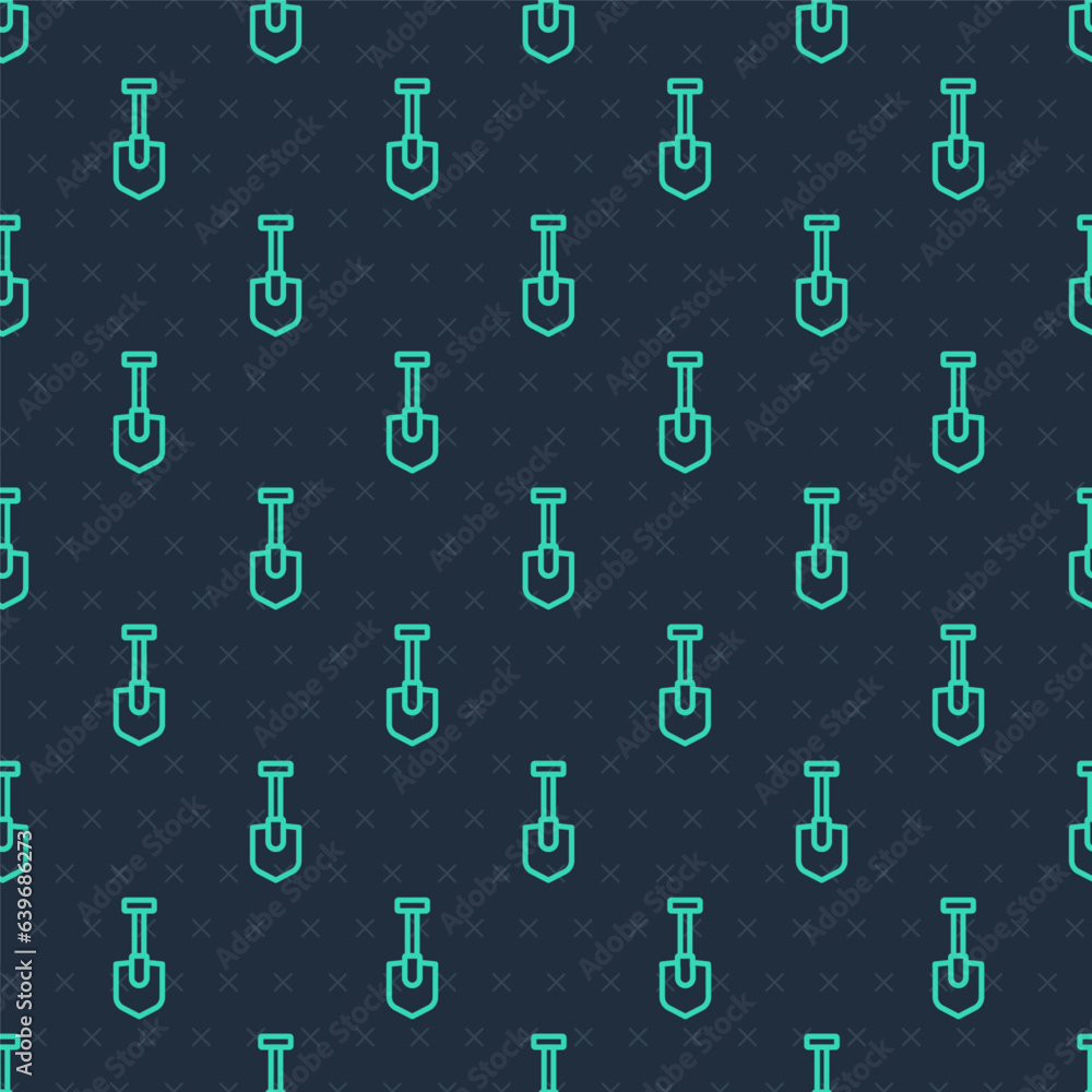 Green line Shovel icon isolated seamless pattern on blue background. Gardening tool. Tool for horticulture, agriculture, farming. Vector Green line Shovel icon isolated seamless pattern on blue background. Gardening tool. Tool for horticulture, agriculture, farming. Vector