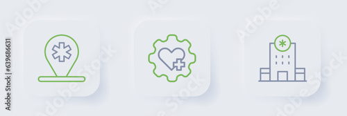 Set line Hospital building, Heart with cross and Location hospital icon. Vector