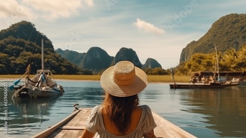Back see of the youthful lady in straw cap unwinding on the pontoon and looking forward into tidal pond Voyaging visit in Asia El Nido Palawan Philippines © Elchin Abilov