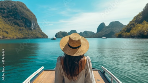 Back see of the youthful lady in straw cap unwinding on the pontoon and looking forward into tidal pond Voyaging visit in Asia El Nido Palawan Philippines © Elchin Abilov