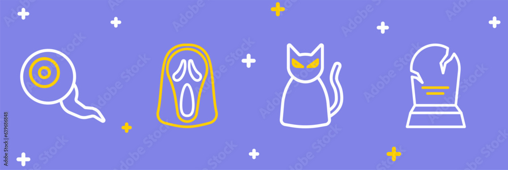 Set line Tombstone with RIP written, Black cat, Funny and scary ghost mask and Eye icon. Vector Set line Tombstone with RIP written, Black cat, Funny and scary ghost mask and Eye icon. Vector