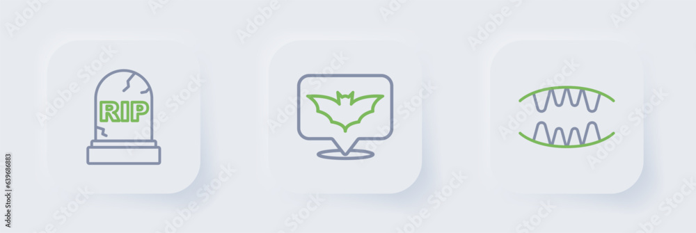 Set line Vampire teeth, Flying bat and Tombstone with RIP written icon. Vector Set line Vampire teeth, Flying bat and Tombstone with RIP written icon. Vector