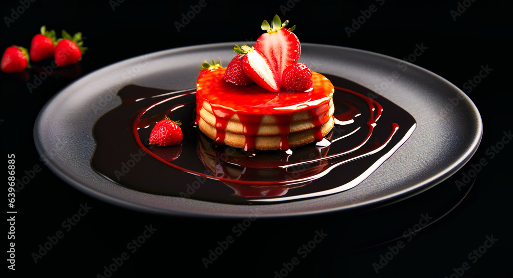 A black plate holds a tempting dessert of strawberries crowned with delectable sauce, an exquisite blend of flavors and presentation. A black plate holds a tempting dessert of strawberries crowned with delectable sauce, an exquisite blend of flavors and presentation.