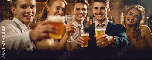 Young people at a party with a beer. A smile on faces.  generative ai