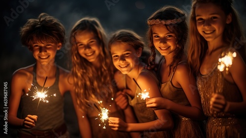 A group of people have fun with sparklers. Cheerful company of friends