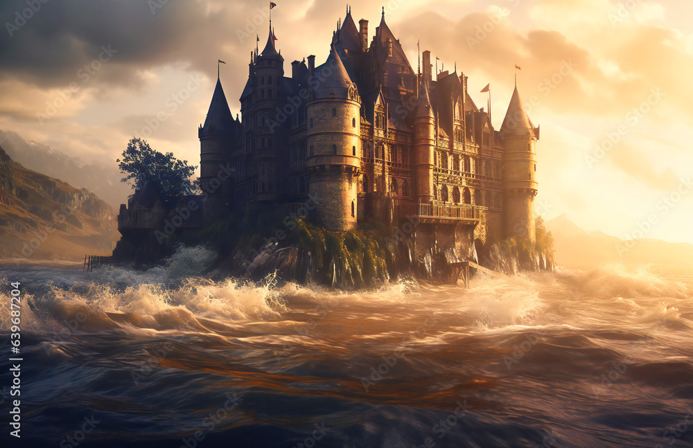Within a realm of fantasy, a majestic castle is enveloped by tranquil waters, conjuring an enchanting scene of otherworldly wonder.