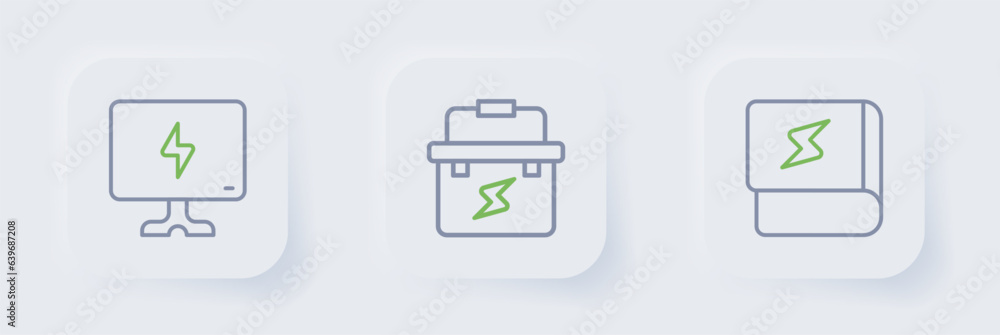 Set line Book about electricity, Toolbox electrician and Smart Tv icon. Vector Set line Book about electricity, Toolbox electrician and Smart Tv icon. Vector