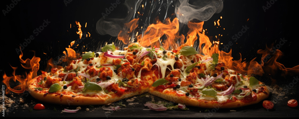 Obraz premium Hot pizza with melted cheese, fire and flying vegetables. generative ai