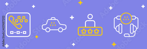 Set line Taxi call telephone service, rating, car and icon. Vector