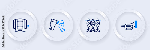 Set line Trumpet, Dried fish, Glass of beer and Wooden barrel on rack icon. Vector