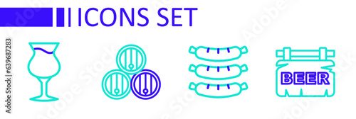 Set line Street signboard with Beer, Sausage, Wooden barrel and Glass of beer icon. Vector