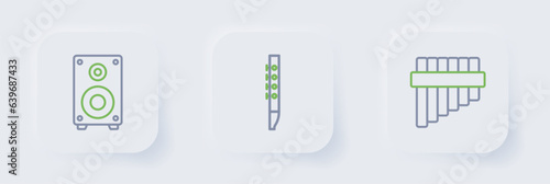 Set line Pan flute, Flute and Stereo speaker icon. Vector