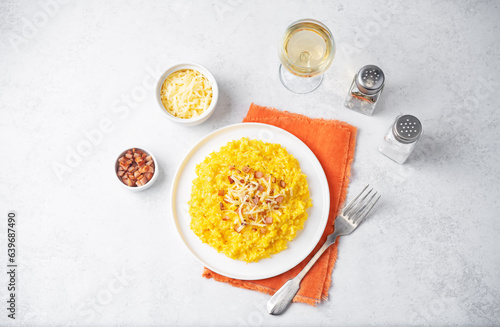 Pumpkin risotto with fried bacon